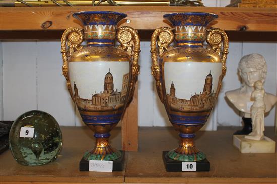 Pair Paris style two handled vases, painted with views